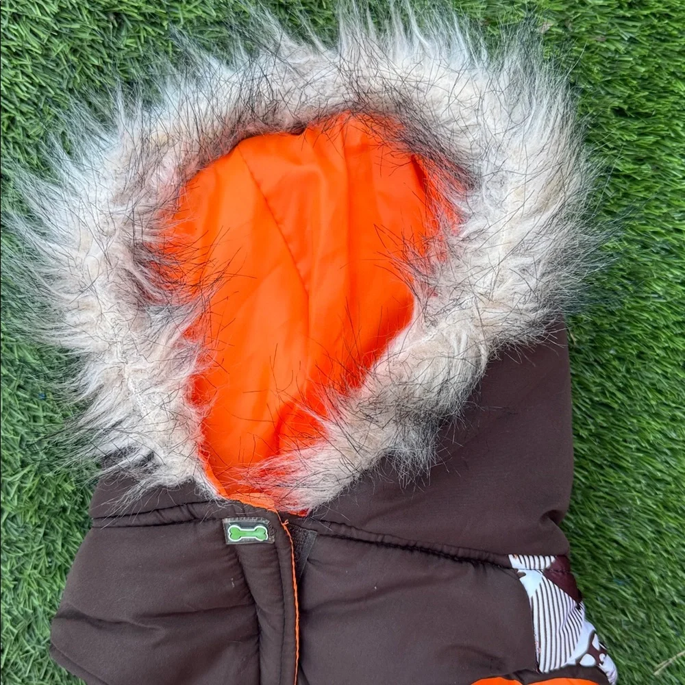 Brown and White Dog Jacket with Hood Size L